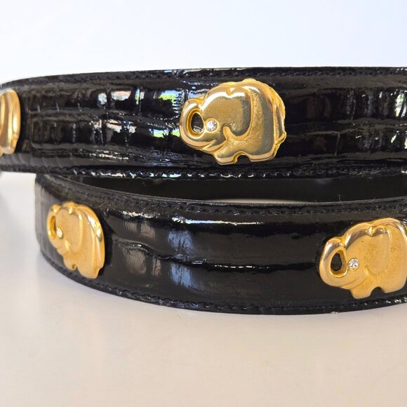 Vintage German Elephant Belt Black Patent Leather Gold Hardware Sz 90 Good Luck - Picture 3 of 12